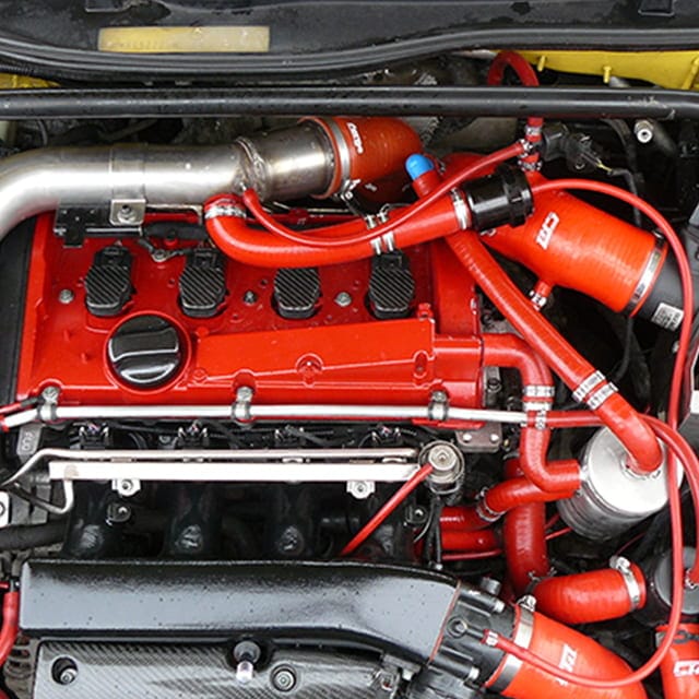 Engine bay of a modified performance vehicle