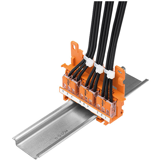 Wago straight-through branch harness on a DIN rail